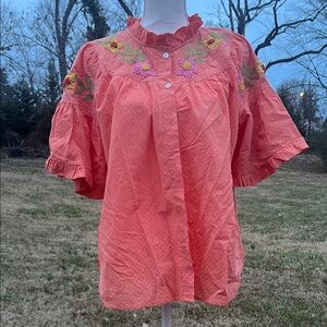Ivy Jane Coral Blouse with Floral Embroidery